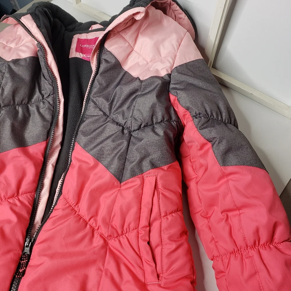 London Fog Girls Puffer Coat XL Hooded Chevron Colorblock Fleece Lined Winter